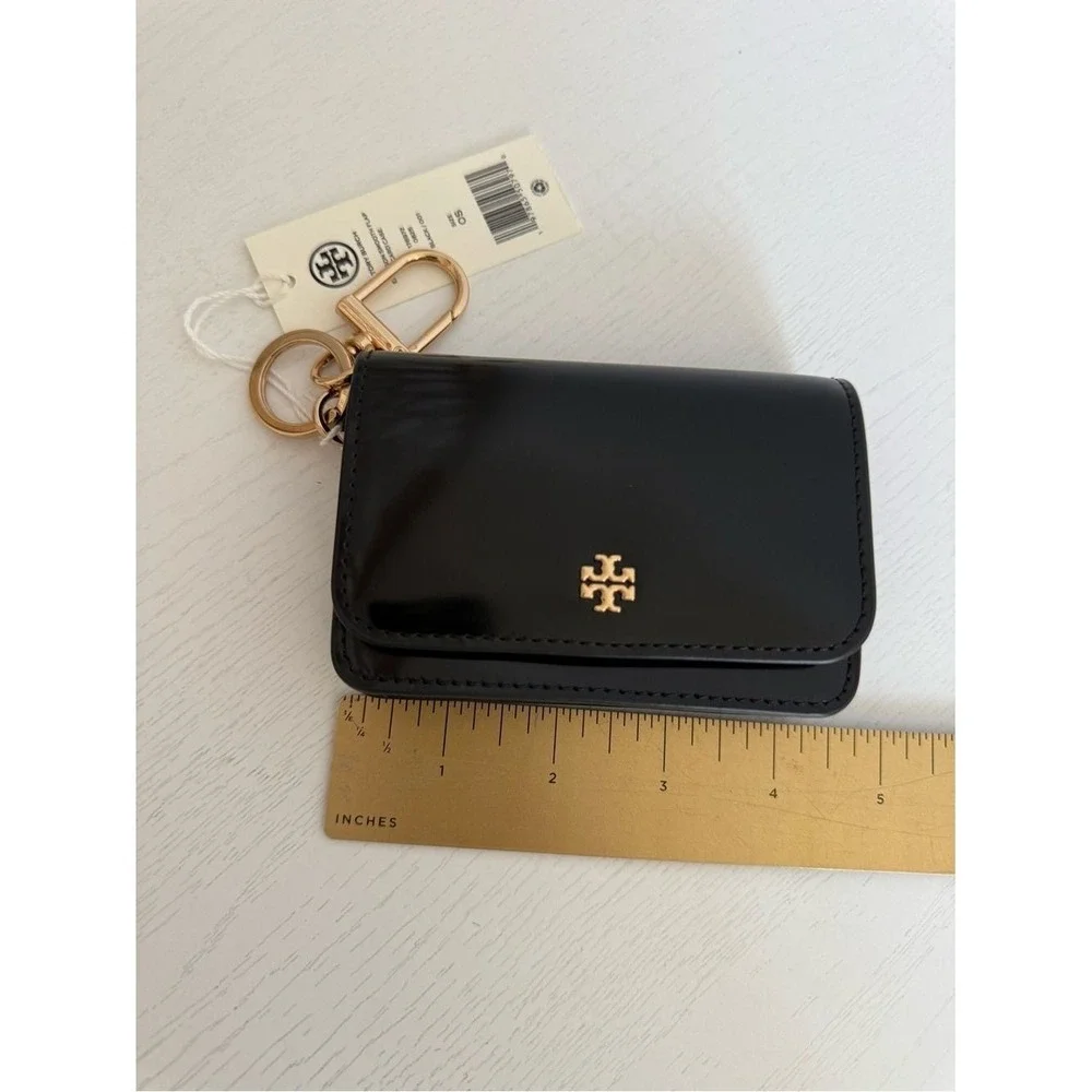 Tory Burch Emerson Smooth Flap Card Case Wallet 176972 Sleek Black Zip Key Hook